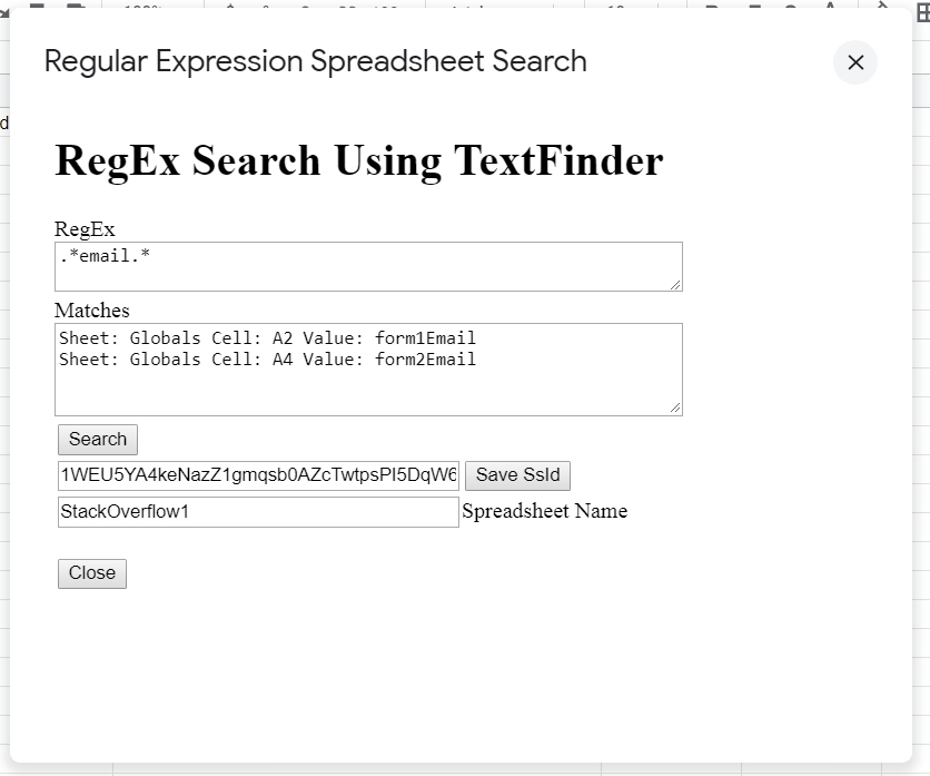 Free Source for Google Sheets Regex Search Dialog
